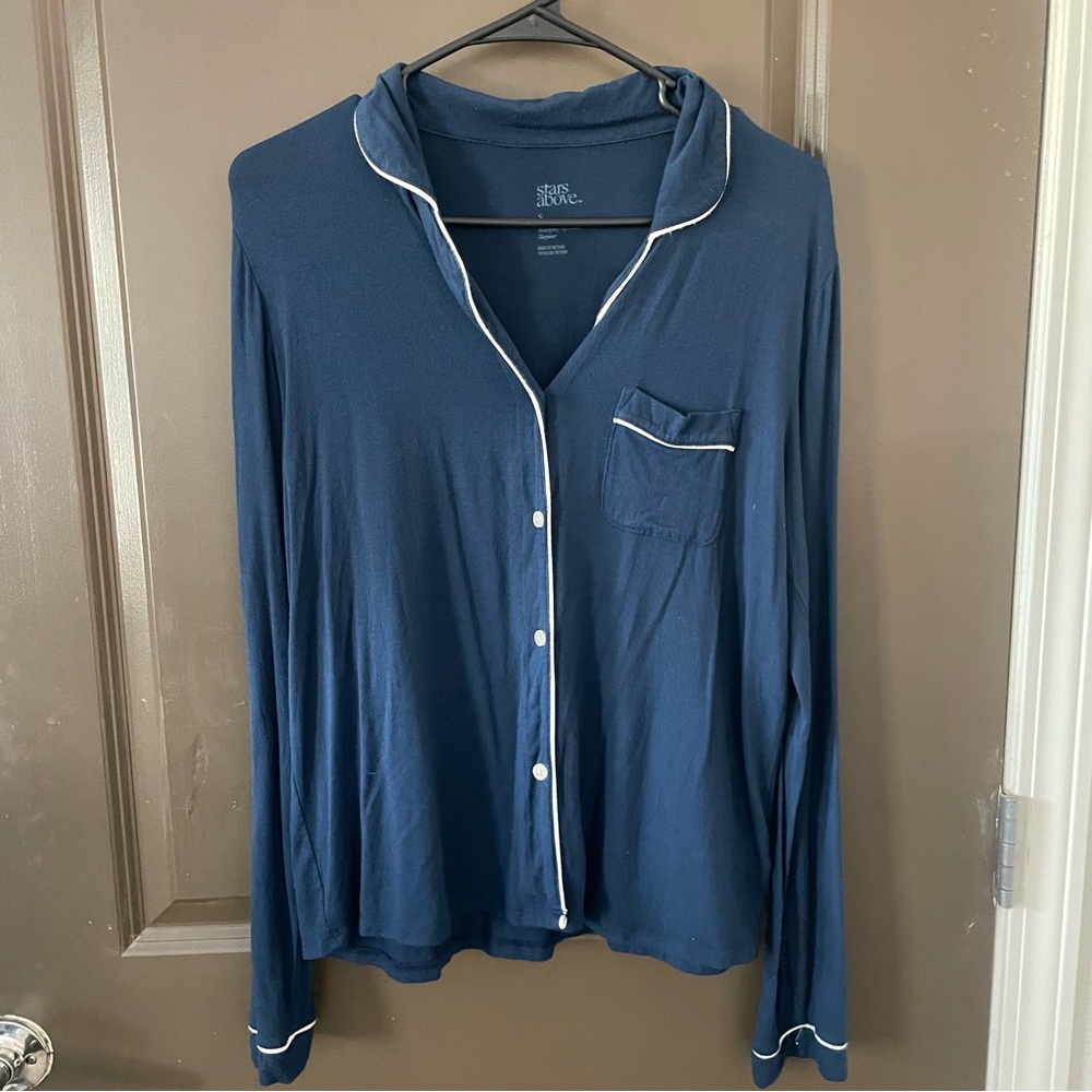 Stars Above Blue and White Pajama Top with Notched Collar
